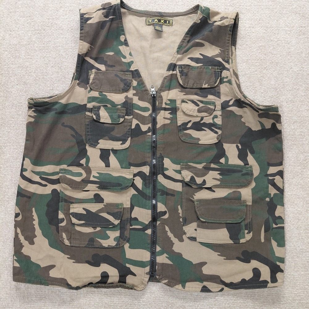 Taxi Utility Camo Game Hunting Zip Up Vest Men LARGE Ammo Flap Pockets